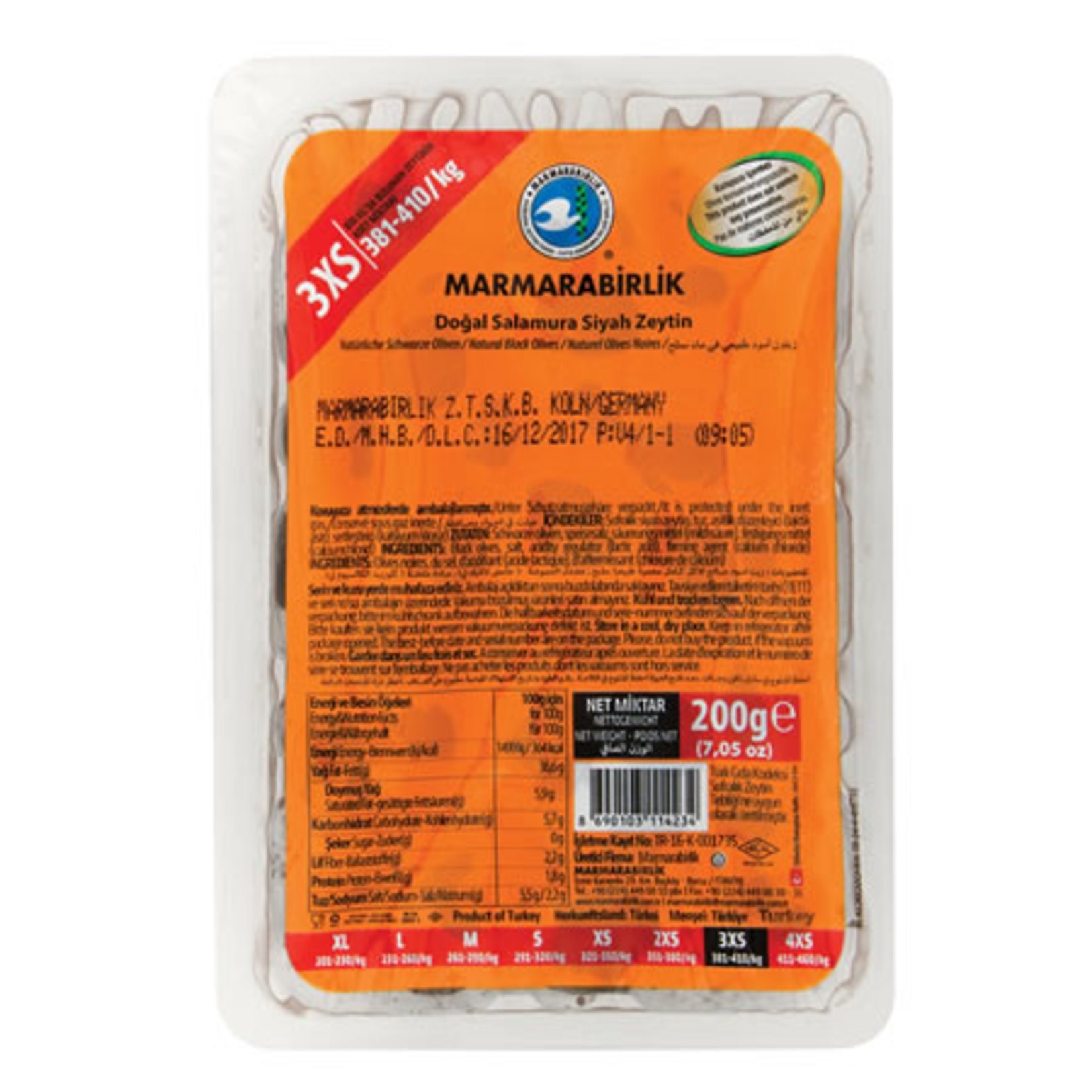 Marmara Birlik Salamura Siyah Zeytin 3Xs (381-410) 200 Gr. 
