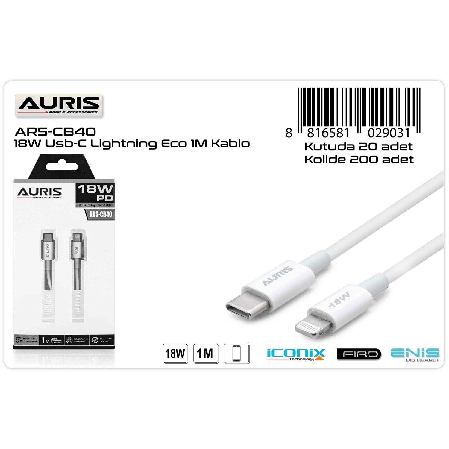 Auris ARS-Cb40 18W Pd Iphone 1M 